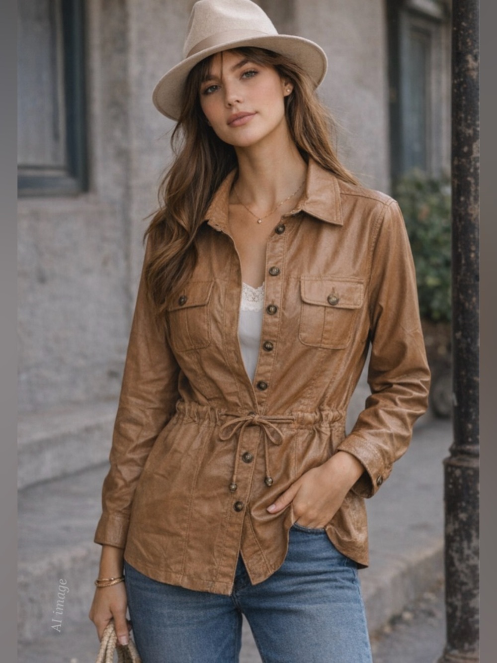 Vintage 90s Faux Leather Jacket Tan Caramel Drawstring Waist Utility Shirt PL